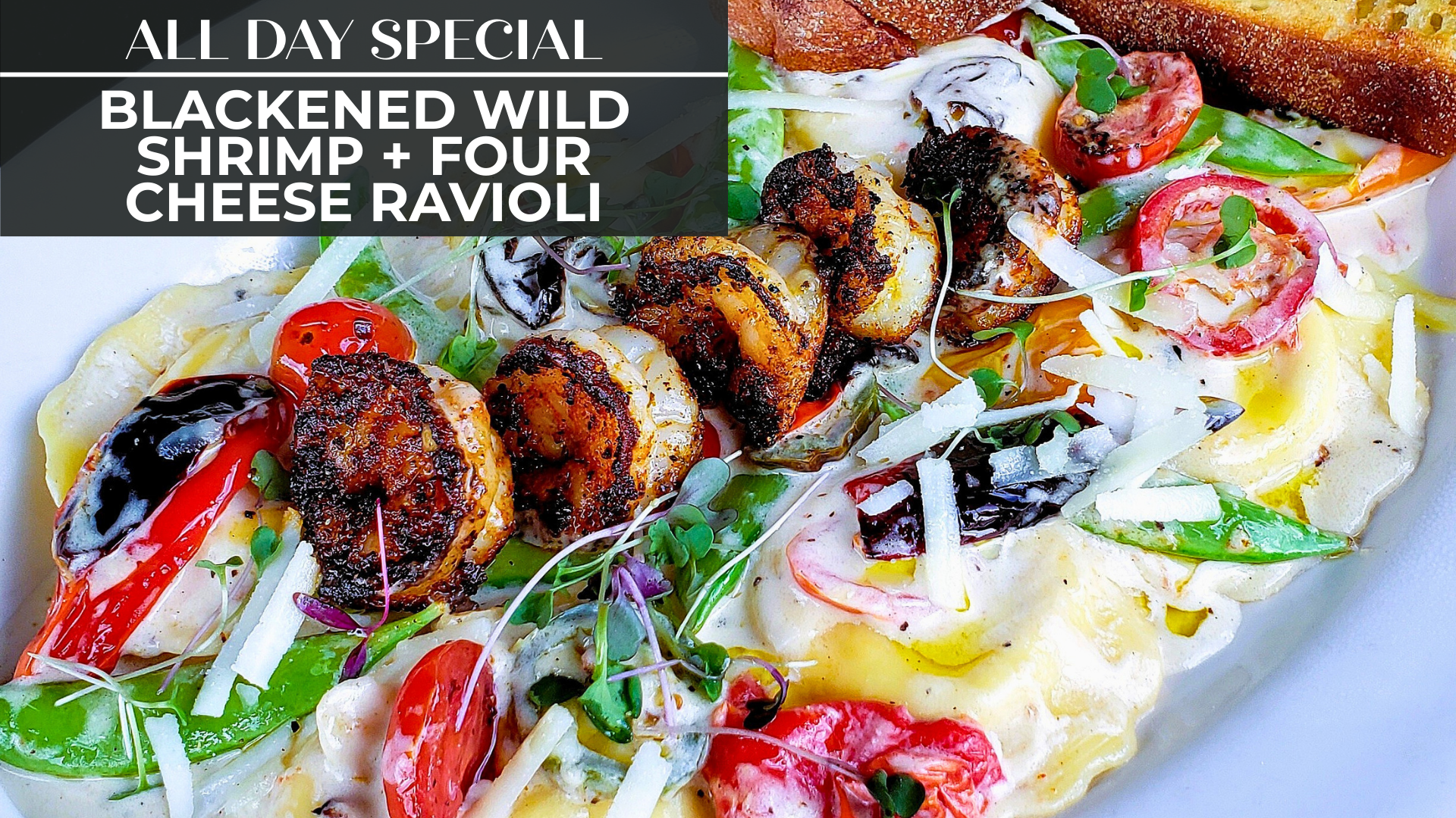 Blackened Wild Shrimp + Four Cheese Ravioli